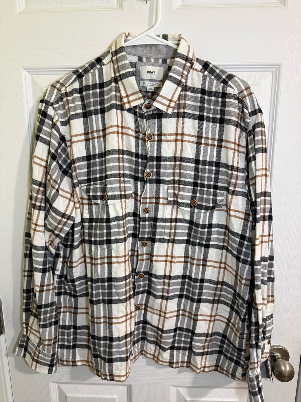 BRAX Men's White Plaid Button-Down Shirt with Black and Brown Checks